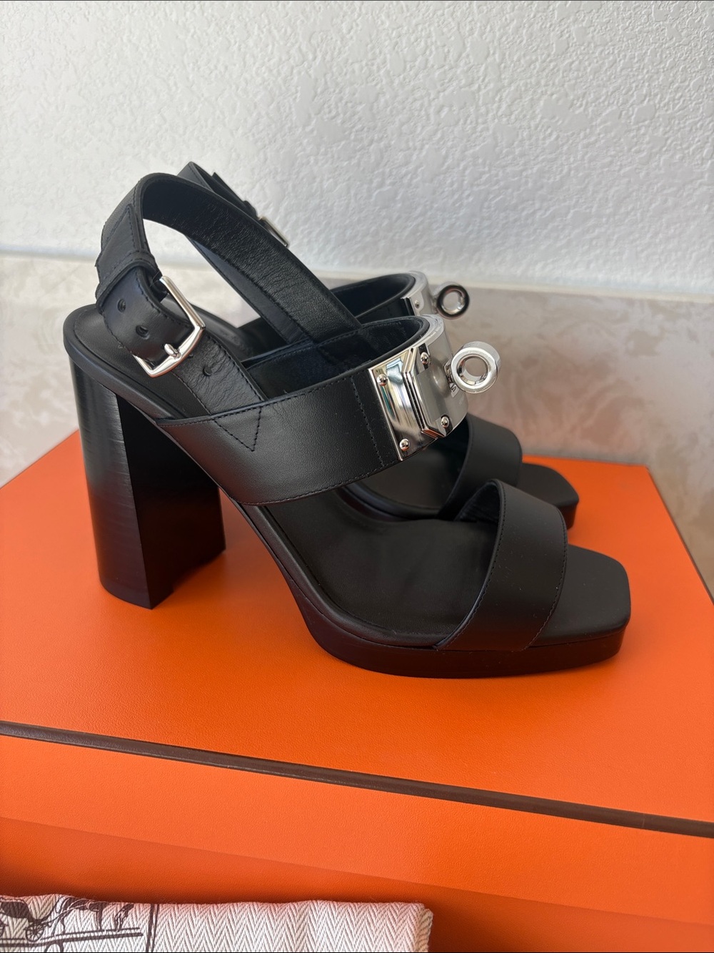 Black Leather High Block Heel Sandals with Silver Buckle - Picture 3 of 6